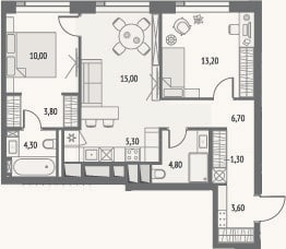 Планировка: 3-к, 68 м²