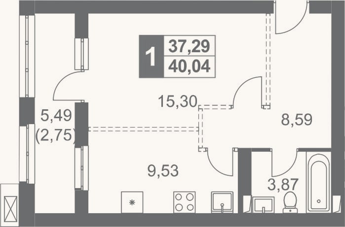 Планировка: 1-к, 37,3 м²