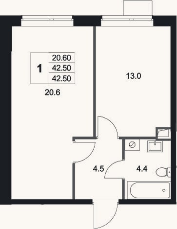 Планировка: 1-к, 42,5 м²