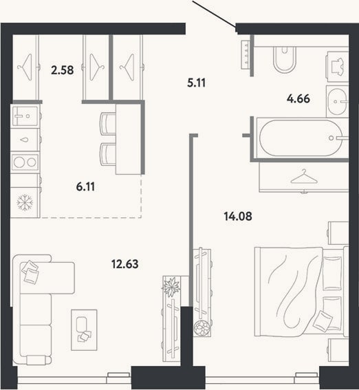 Планировка: 1-к, 45,2 м²