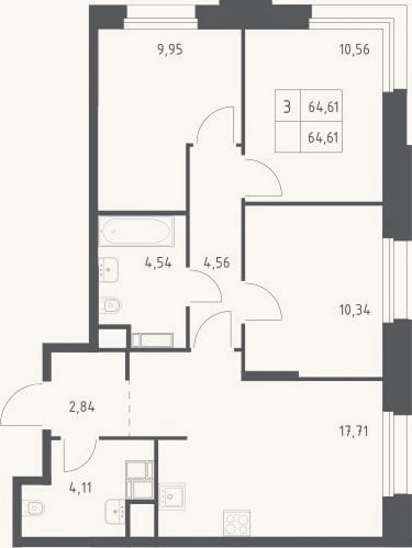 Планировка: 3-к, 64,6 м²
