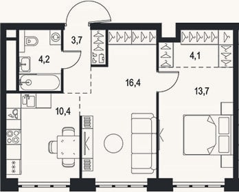 Планировка: 2-к, 52,5 м²