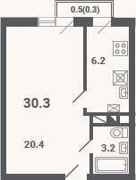 Планировка: 1-к, 29,8 м²