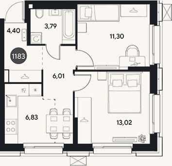 Планировка: 2-к, 45,4 м²