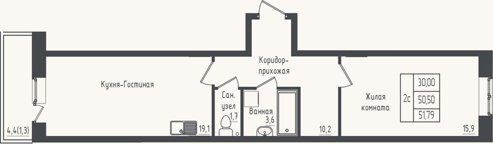 Планировка: 1-к, 50,5 м²