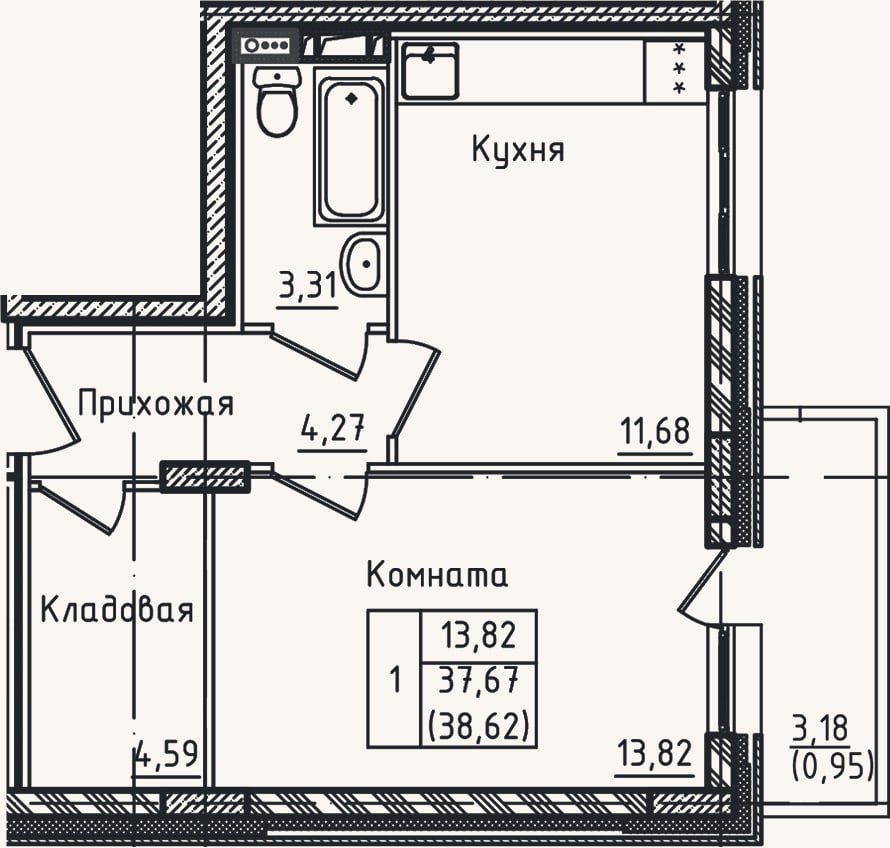 Планировка: 1-к, 37,7 м²