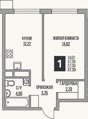 Планировка: 1-к, 37,4 м²