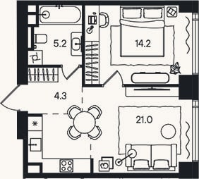 Планировка: 2-к, 44,7 м²