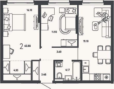 Планировка: 2-к, 62,9 м²