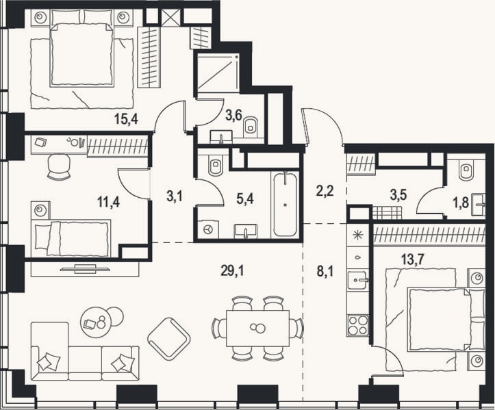 Планировка: 4+ к, 97,3 м²