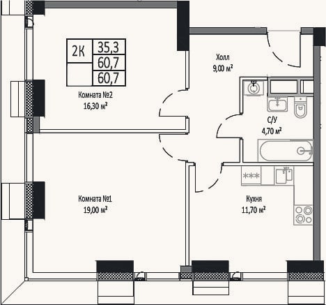 Планировка: 2-к, 60,7 м²