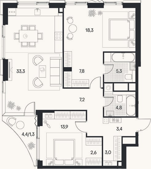 Планировка: 3-к, 99,6 м²