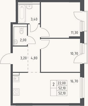 Планировка: 3-к, 52,1 м²