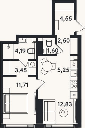 Планировка: 2-к, 46,1 м²