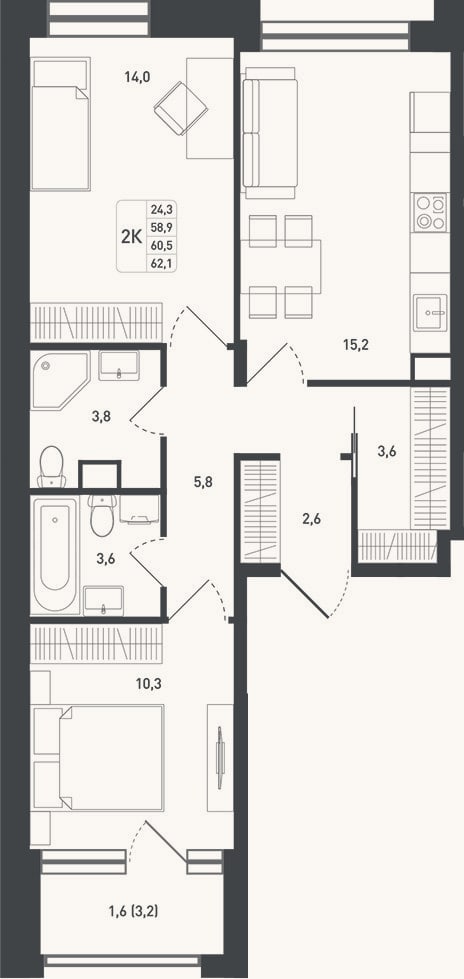 Планировка: 2-к, 62,4 м²