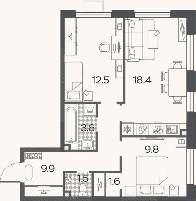Планировка: 3-к, 57,3 м²