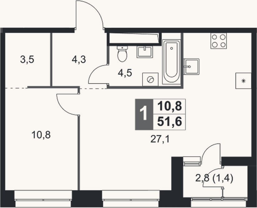 Планировка: 2-к, 50,2 м²