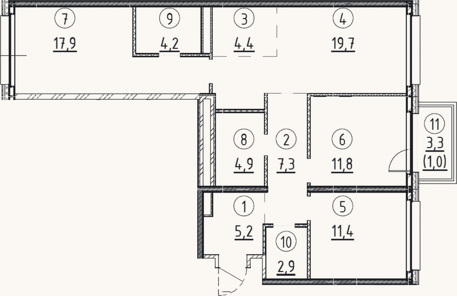 Планировка: 3-к, 89,7 м²