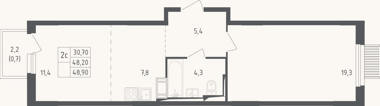 Планировка: 2-к, 48,2 м²