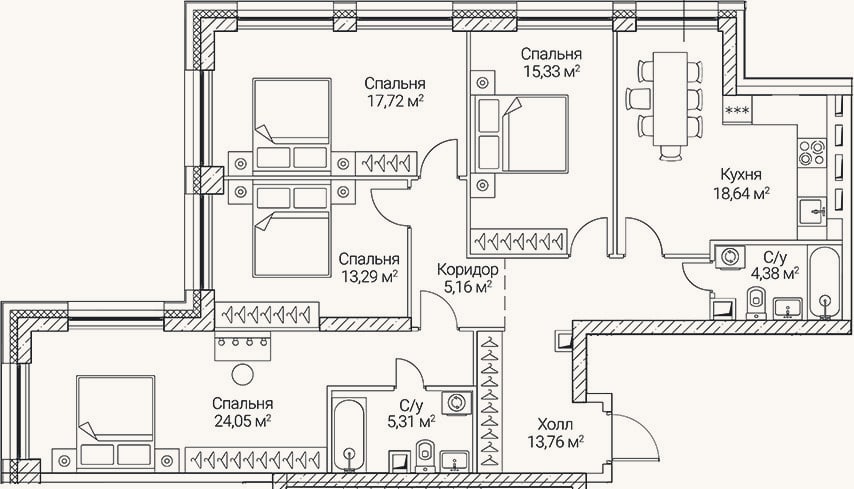 Планировка: 4+ к, 117,6 м²
