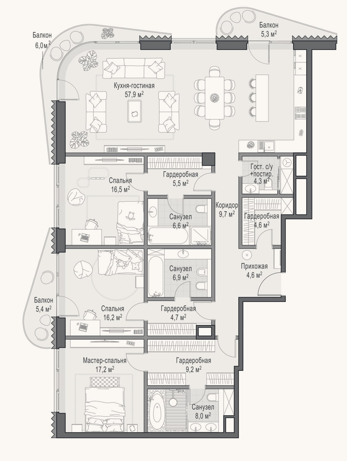 Планировка: 3-к, 172 м²