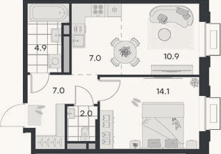 Планировка: 2-к, 45,9 м²