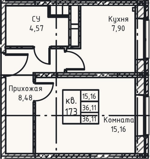 Планировка: 1-к, 36,1 м²