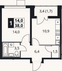 Планировка: 1-к, 36,3 м²