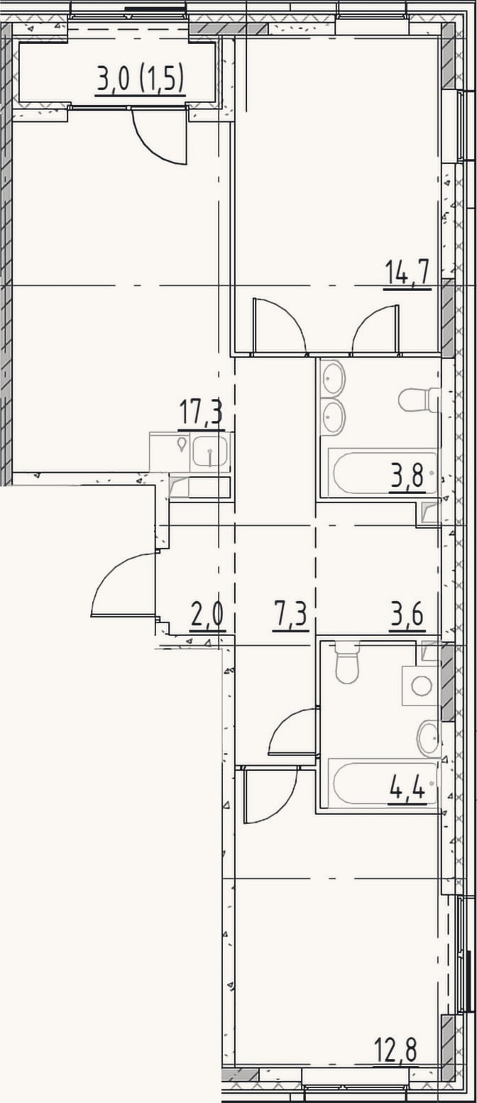 Планировка: 3-к, 65,9 м²
