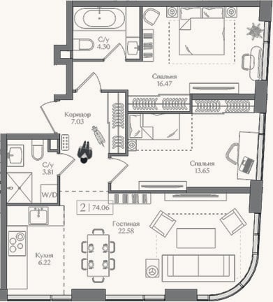 Планировка: 3-к, 74,1 м²