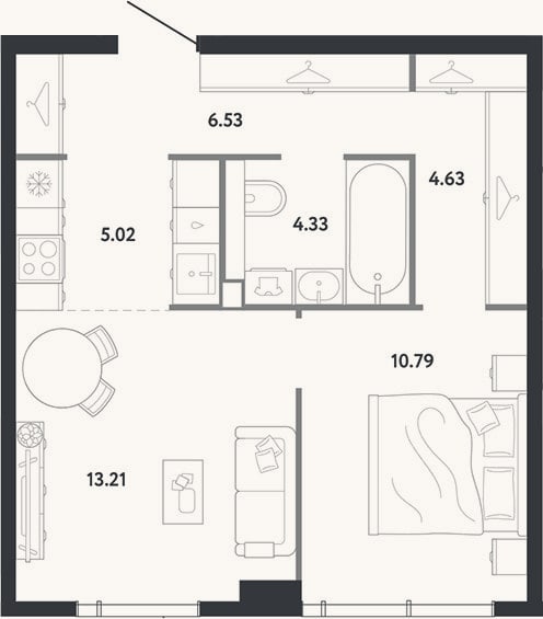 Планировка: 1-к, 44,5 м²