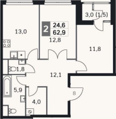 Планировка: 2-к, 59,6 м²