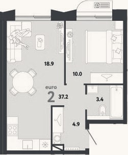 Планировка: 2-к, 37,2 м²