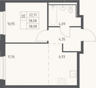 Планировка: 2-к, 38,1 м²