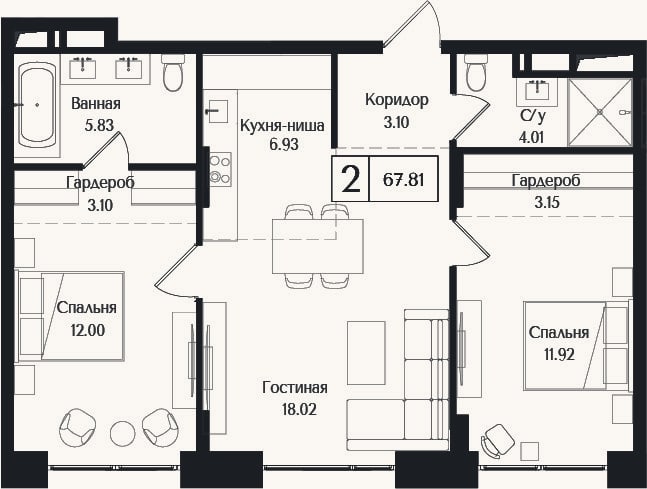 Планировка: 3-к, 67,8 м²