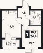 Планировка: 1-к, 32,5 м²