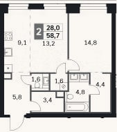 Планировка: 2-к, 58,7 м²