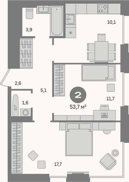 Планировка: 2-к, 53,7 м²
