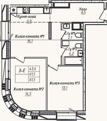 Планировка: 3-к, 61,5 м²