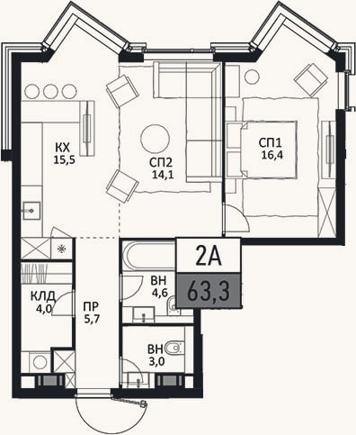 Планировка: 2-к, 63,3 м²