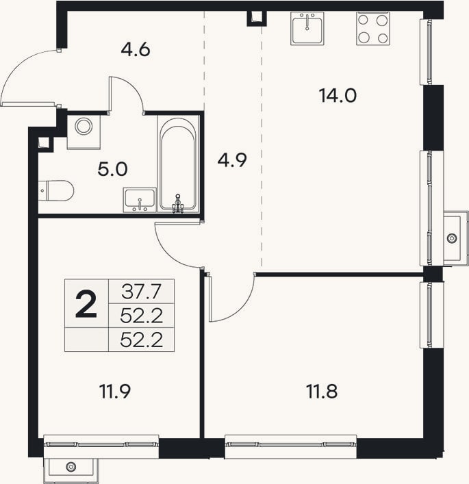 Планировка: 2-к, 52,2 м²