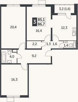 Планировка: 3-к, 85,1 м²