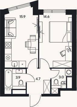 Планировка: 1-к, 42,1 м²