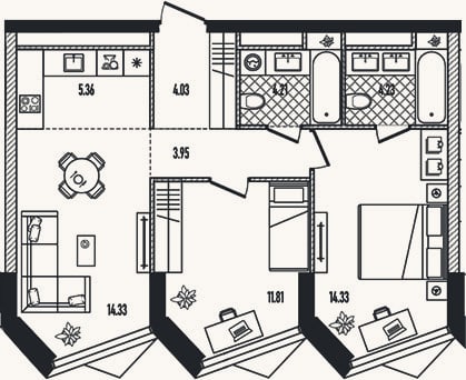 Планировка: 3-к, 62,3 м²