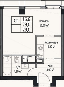 Планировка: Студия, 29 м²