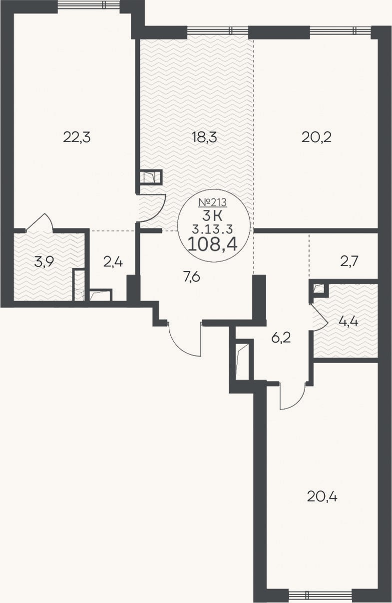 Планировка: 3-к, 108,4 м²