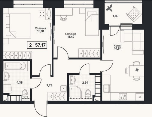 Планировка: 2-к, 55,3 м²
