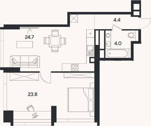 Планировка: 2-к, 56,9 м²