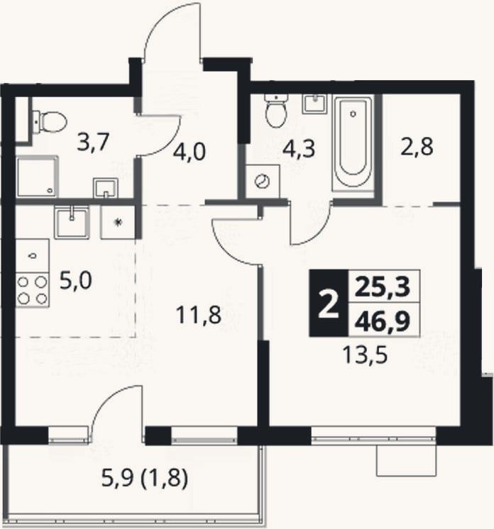Планировка: 2-к, 45,1 м²