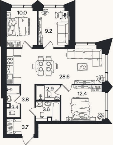 Планировка: 4+ к, 77,6 м²